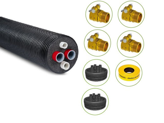 Fernwärmeleitung 10m 2x DA50mm DN40 und 2x Leerrohre 32/25mm, Mantel 160mm Flexalen600HP Set inkl. Anschlusszubehör